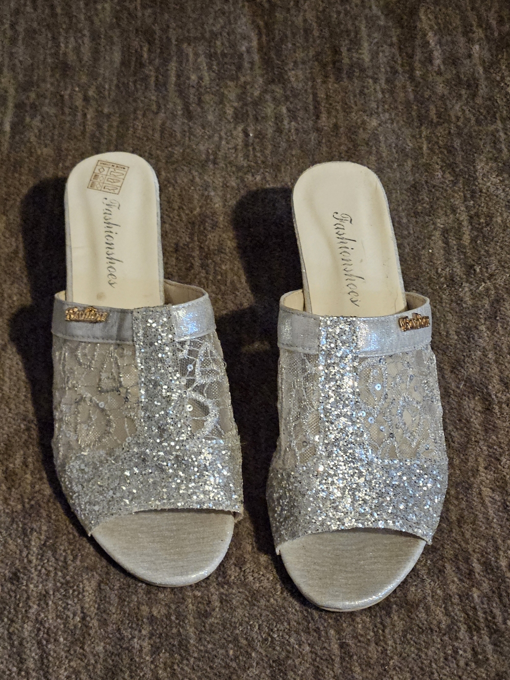 Silver Glitter Lace Slide Sandals for Women